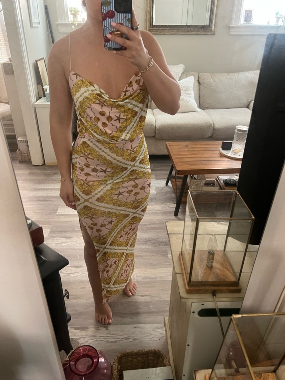 Missguided Pink and Gold Cowl Neck Maxi Dress